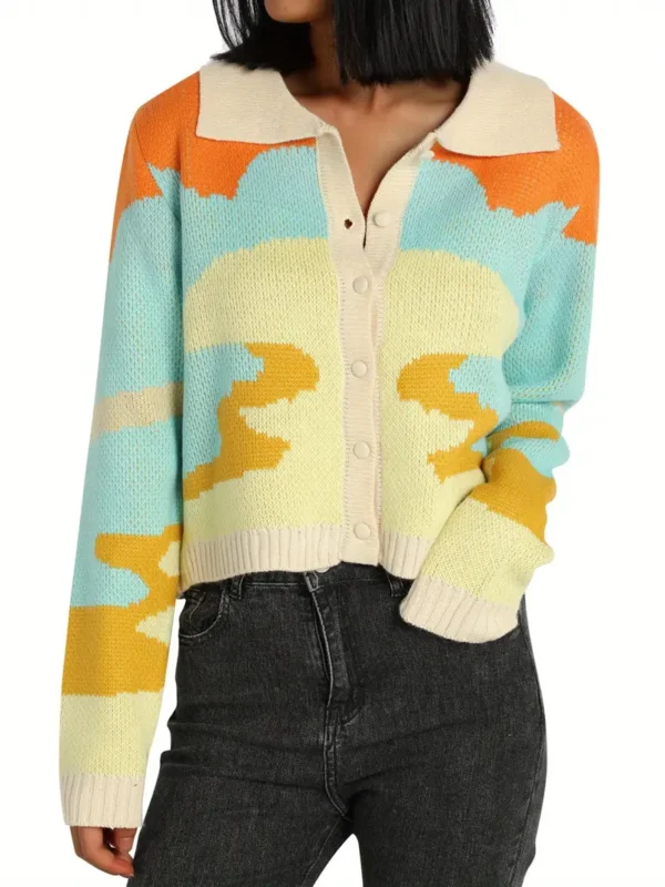 Women's button-down sweater tops with long sleeves and color block knitted lapel design.