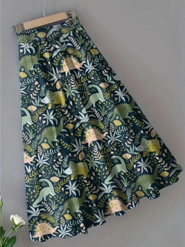 Dinosaur and plant print pleated skirt with an elastic waistband, casual midi design for spring and summer.