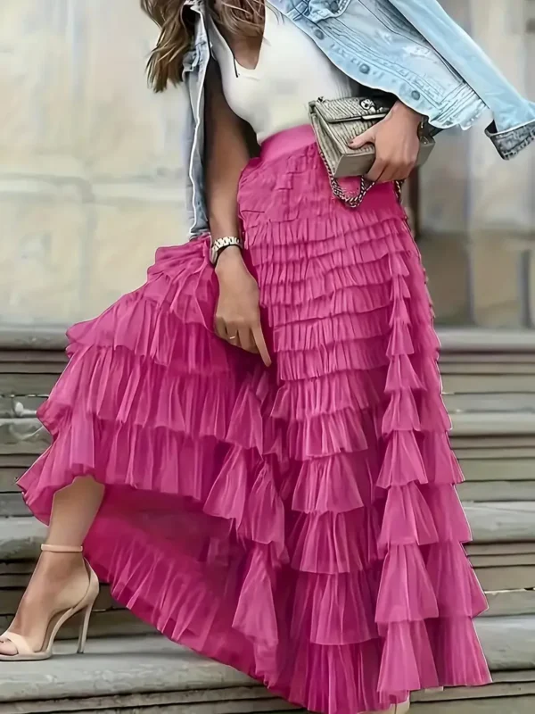 Plus-size solid ruched layered hem skirt, high waist ankle skirt for spring and summer.