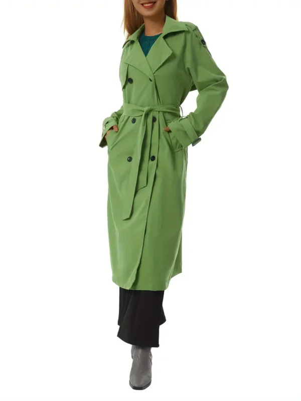 Women's solid color trench coat with long sleeves, double-breasted design, and pockets.