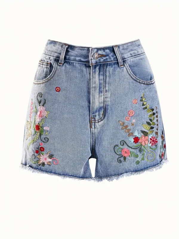 Women's Embroidered Denim Shorts with Floral Embroidery