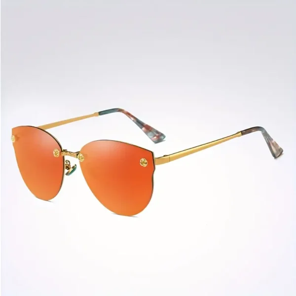 Polarized rimless cat eye sunglasses for women with large sun shades, featuring a stylish design and gift box, perfect for driving and beach trips.
