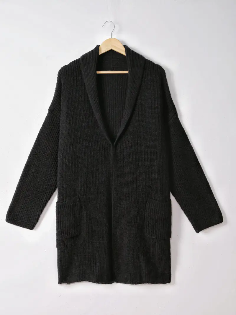 Black Solid Color Open Front Knitted Cardigan – Casual Plus Size Long Sleeve Sweater for Fall & Winter