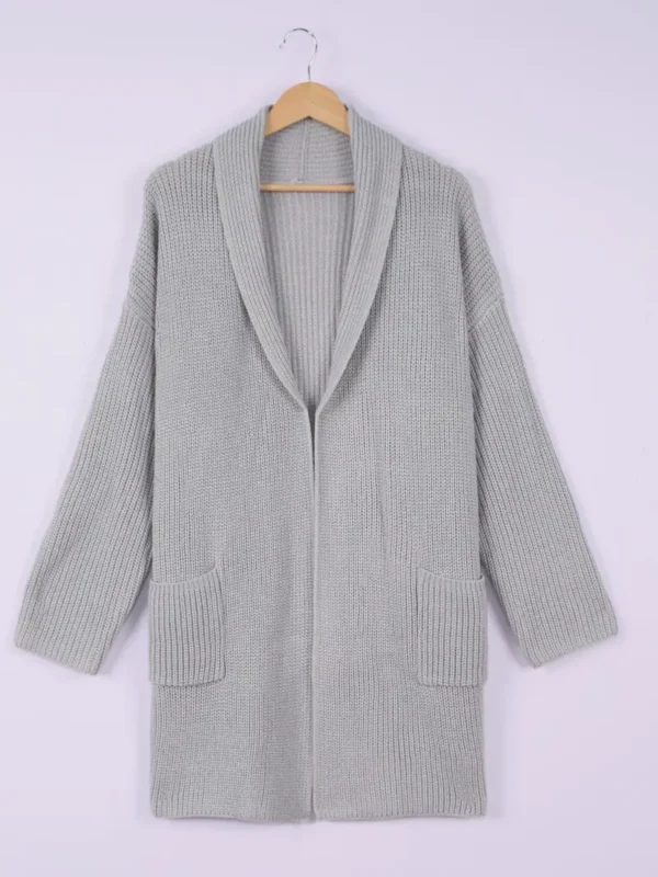 Gray Solid Color Open Front Knitted Cardigan – Cozy Plus Size Casual Sweater for Fall & Winter