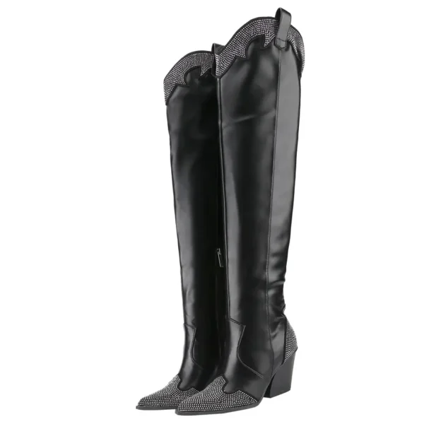 Black Rhinestone Cowboy Boots with Chunky Heel, Pointed Toe, and Pull-On Over-the-Knee Design