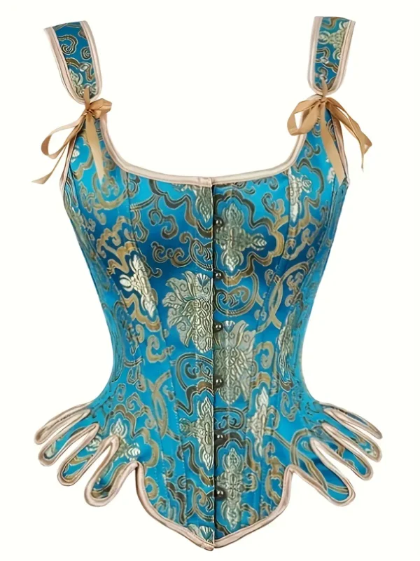 Blue Jacquard Lace Up Corset Top - Sexy Sleeveless Bodice Strap Carnival Costume