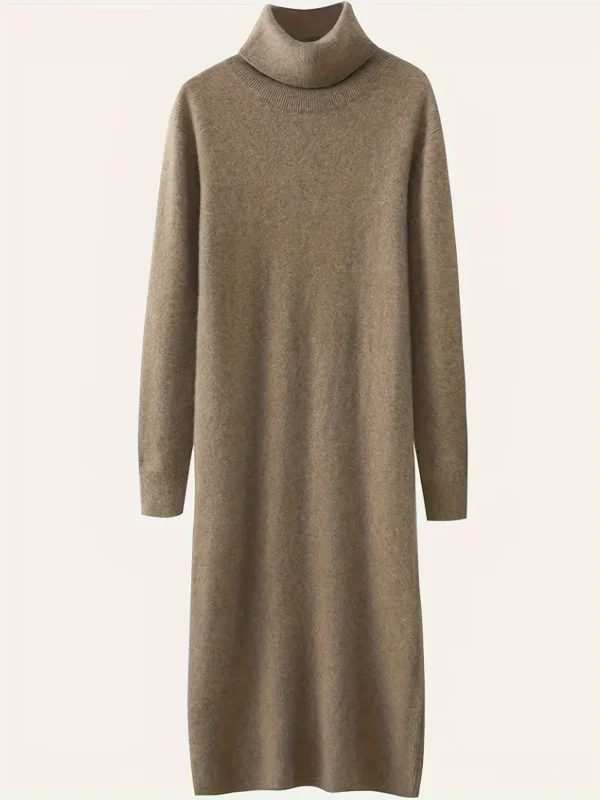 Brown Long Sleeve Turtle Neck Knit Midi Dress for Fall & Winter – Women's Casual Clothing
