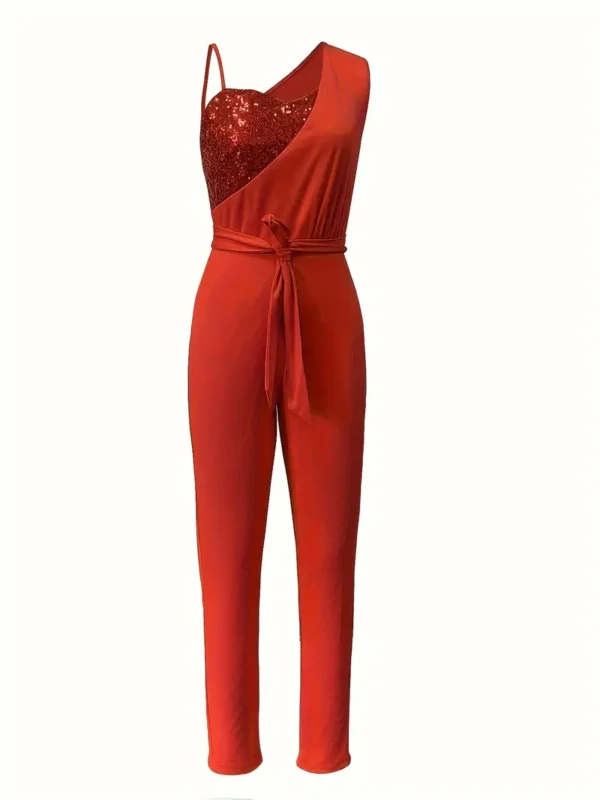 Elegant red jumpsuit with contrast sequin detail, spaghetti strap collar, and slingback design, made from knit fabric for all-season wear.