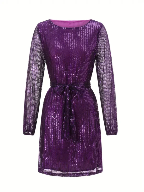 Elegant sequin party dress for women with sparkling long sleeves, round neck, and belt detail, ideal for cocktails and summer events.