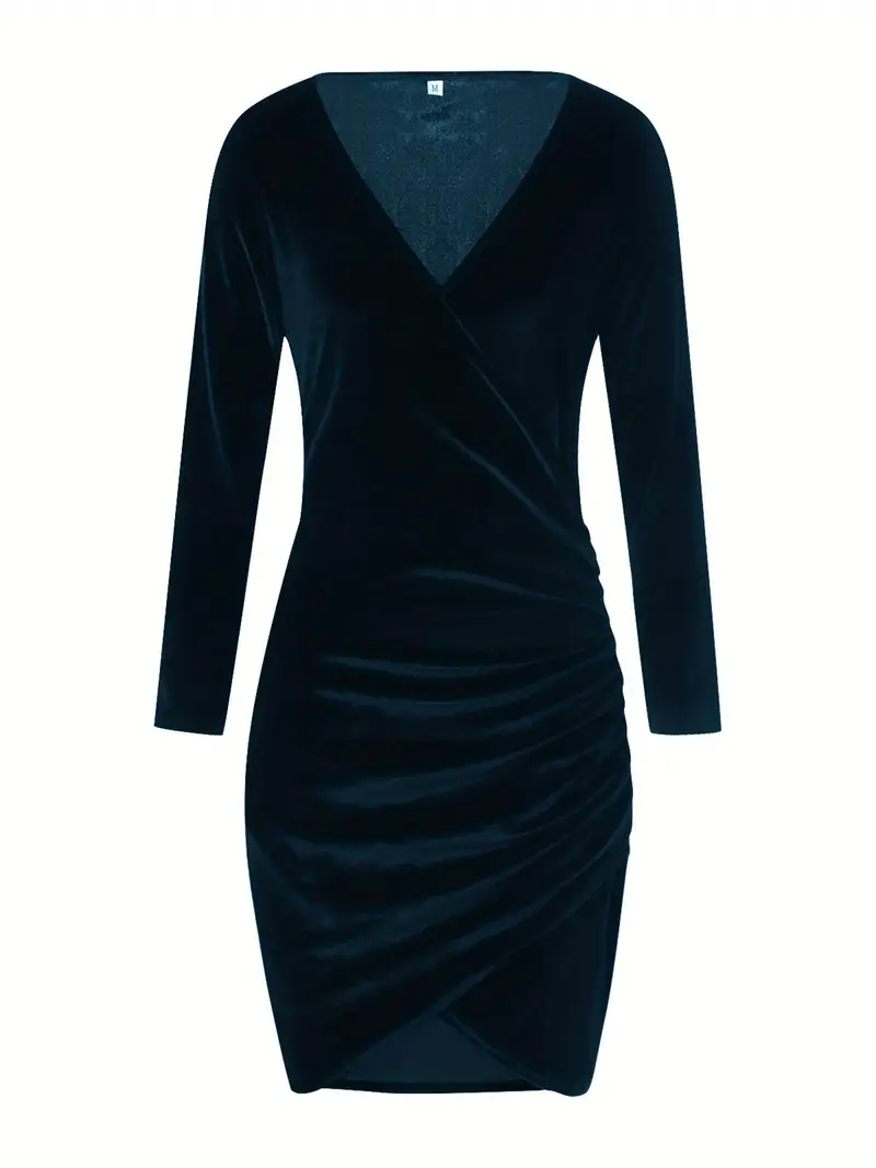 Solid color women’s fall cocktail dress with V-neck, long sleeves, and cropped hem, perfect for autumn occasions.