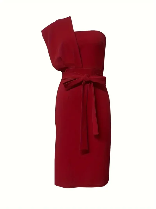 Elegant one-shoulder red pencil dress with belt, featuring a sleek slit design, perfect for spring and summer events.