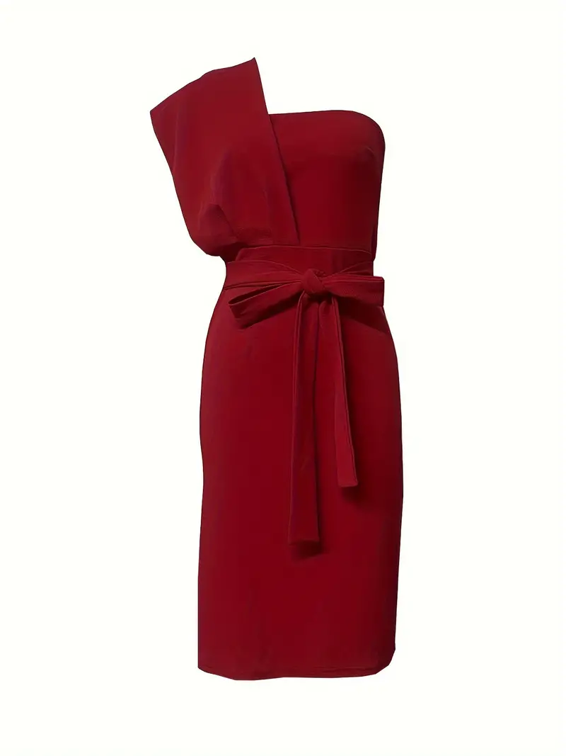 Elegant one-shoulder red pencil dress with belt, featuring a sleek slit design, perfect for spring and summer events.