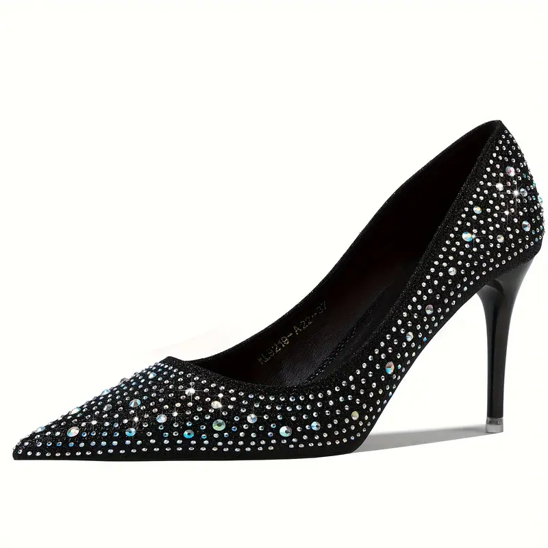 Black rhinestone heels for women, sparkly kitten pumps with pointed toe and stiletto heel, ideal for parties, weddings, and business events.