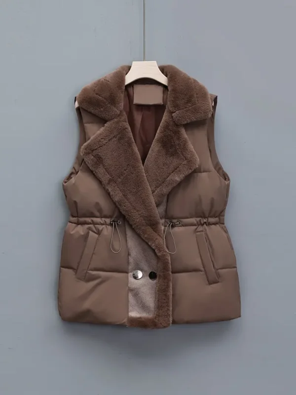 Snap front lapel puffy vest with faux fur lining, pockets, casual sleeveless design for fall and winter warmth.