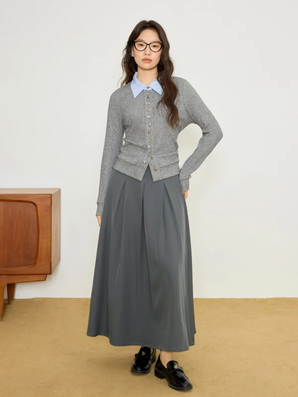 Women's Pleated High Waist A-line Umbrella Skirt – Spring College Style - Image 3