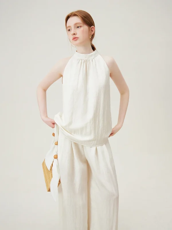 Women Summer Set – Sleeveless Blouse and Full Length Wide Leg Trouser Two-Piece Set - Image 4